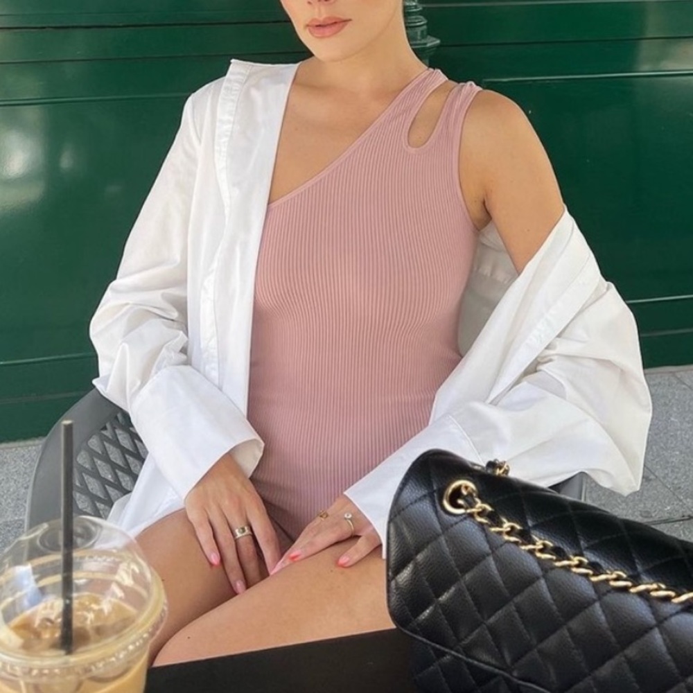 ZARA One Shoulder Beige/ Pink Seamless Onesie Jumpsuit